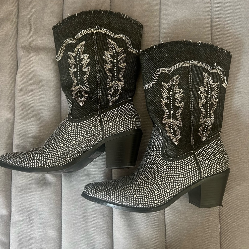 Wild Diva Black Denim and Silver Heeled Boots with Textured Rhinestone Finish